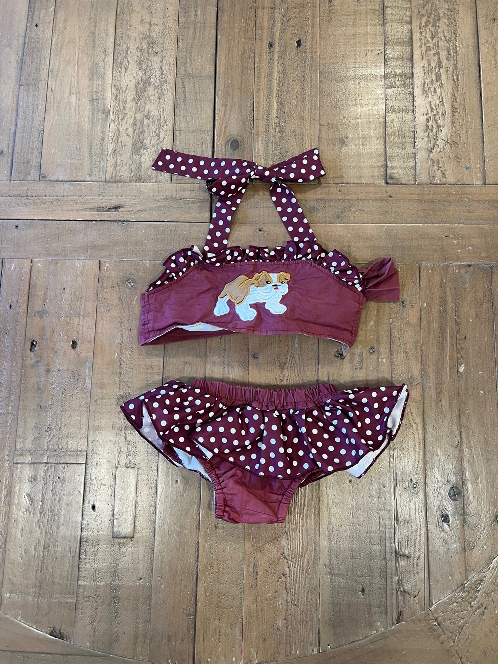 Addie Lou Blu bulldog polka dot sunsuit two piece 2T burgundy boutique
